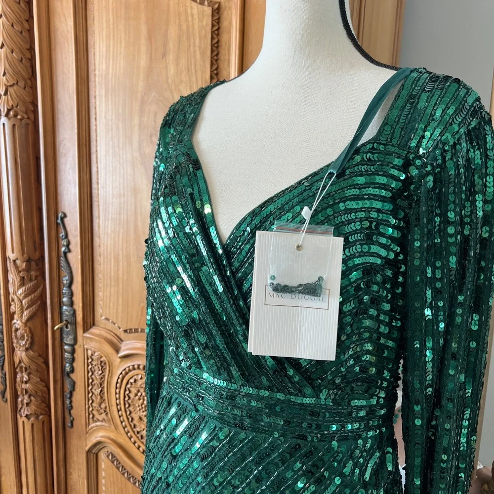 NWT Mac Duggal 5379 [14] Emerald Green Sequined Wrap Maxi Evening Gown Wicked - Picture 3 of 11